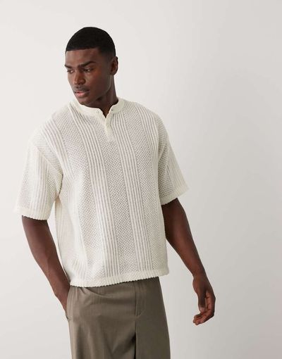 ASOS DESIGN ASOS DESIGN boxy oversized Henley T-shirt in cream textured fabric-White