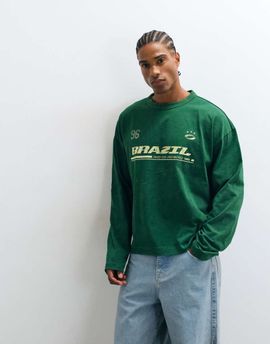 ASOS DESIGN ASOS DESIGN boxy oversized long sleeve t-shirt with Brazil graphic in washed green