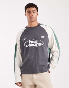 ASOS DESIGN ASOS DESIGN boxy oversized long sleeve T-shirt with cut and sew paneling and sports graphics in dark gray-Multi