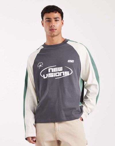 ASOS DESIGN ASOS DESIGN boxy oversized long sleeve T-shirt with cut and sew paneling and sports graphics in dark gray-Multi