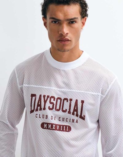 ASOS DESIGN ASOS DESIGN boxy oversized long sleeve t-shirt with daysocial print in white athletic mesh