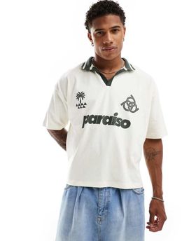 ASOS DESIGN ASOS DESIGN boxy oversized polo shirt in off white with soccer front print