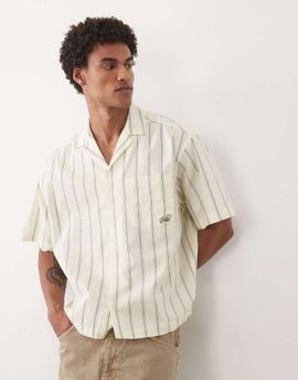 ASOS DESIGN ASOS DESIGN boxy oversized striped poplin camp collar shirt with embroidery in yellow