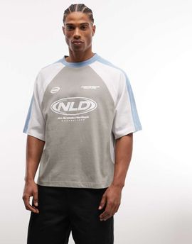 ASOS DESIGN ASOS DESIGN boxy oversized t-shirt with cut and sew paneling and athletic graphic in gray