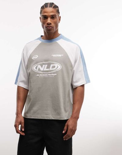 ASOS DESIGN ASOS DESIGN boxy oversized t-shirt with cut and sew paneling and athletic graphic in gray