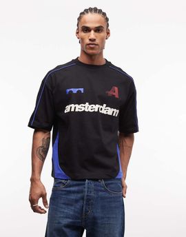 ASOS DESIGN ASOS DESIGN boxy oversized t-shirt with cut and sew paneling and sports graphics in black