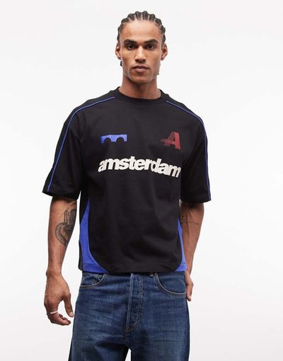 ASOS DESIGN ASOS DESIGN boxy oversized t-shirt with cut and sew paneling and sports graphics in black