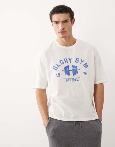 ASOS DESIGN ASOS DESIGN boxy oversized t-shirt with gym graphic in cream-White