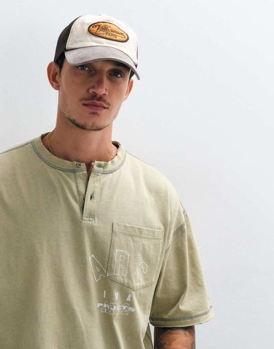 ASOS DESIGN ASOS DESIGN boxy oversized T-shirt with henley and graphic in washed green