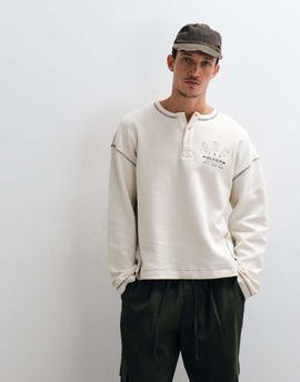 ASOS DESIGN ASOS DESIGN boxy oversized T-shirt with henley and print in cream waffle-White