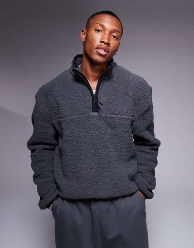 ASOS DESIGN ASOS DESIGN boxy relaxed borg quarter zip sweatshirt in charcoal-Gray