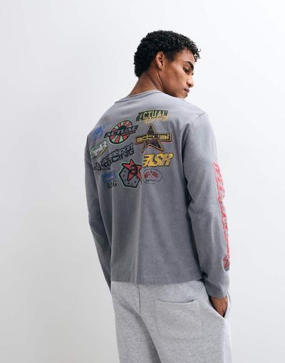 ASOS DESIGN ASOS DESIGN boxy relaxed long sleeve t-shirt with print in washed gray