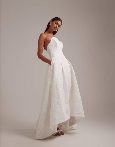 ASOS DESIGN ASOS DESIGN Bridal curved strapless neckline lace midi dress in ivory-White