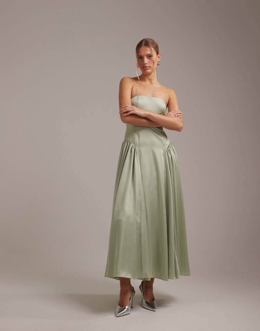 asos sage bridesmaid dress DESIGN cute swim Smocked Trending Waist Floral Size:XS Petite