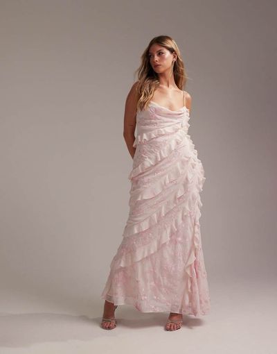 ASOS DESIGN ASOS DESIGN Bridesmaids embroidered ruffle cami bias maxi dress in soft pink