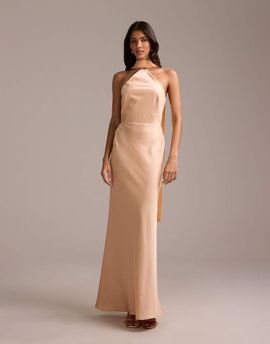 ASOS DESIGN ASOS DESIGN bridesmaids halter neck satin maxi dress with scarf detail in apricot-Orange