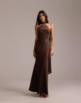 ASOS DESIGN ASOS DESIGN bridesmaids halter neck satin maxi dress with scarf detail in chocolate-Brown