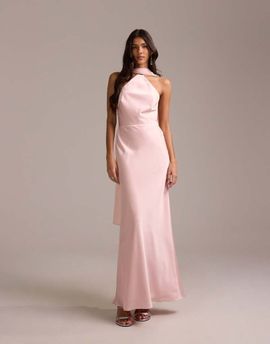 ASOS DESIGN ASOS DESIGN bridesmaids halter neck satin maxi dress with scarf detail in pink