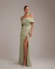 ASOS DESIGN ASOS DESIGN Bridesmaids off the shoulder chiffon draped maxi dress with fixed wrap skirt in sage green - 1