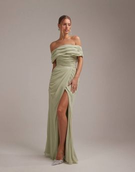 ASOS DESIGN ASOS DESIGN Bridesmaids off the shoulder chiffon draped maxi dress with fixed wrap skirt in sage green