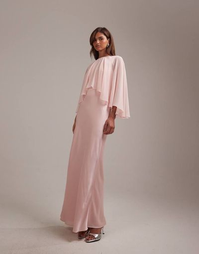 ASOS DESIGN ASOS DESIGN Bridesmaids sheer chiffon cape overlay bias cut satin dress in pink