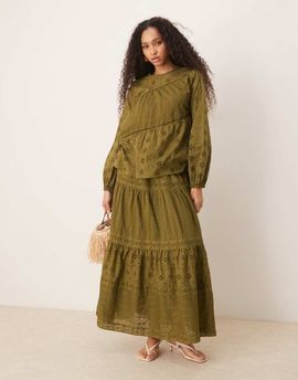 ASOS DESIGN ASOS DESIGN broderie and lace mix tiered maxi skirt in khaki-Green