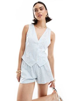 ASOS DESIGN ASOS DESIGN broderie button down vest in blue stripe
