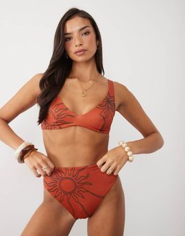 ASOS DESIGN ASOS DESIGN Brogan high leg high waist bikini bottom in terracotta palm print-Red