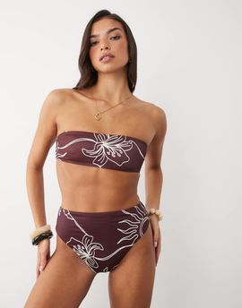 ASOS DESIGN ASOS DESIGN Brogan high leg high waist bikini bottoms in chocolate palm print-Brown