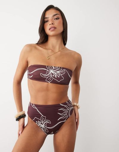 ASOS DESIGN ASOS DESIGN Brogan high leg high waist bikini bottoms in chocolate palm print-Brown