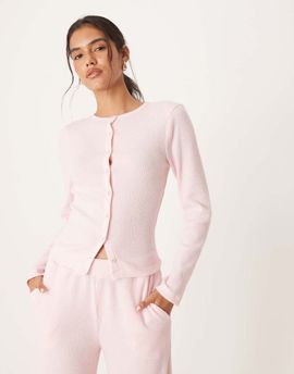 ASOS DESIGN ASOS DESIGN brushed ribbed long sleeve crew neck cardigan in pink - part of a set
