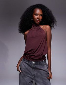 ASOS DESIGN ASOS DESIGN bubble hem halter top with cinched band hem in burgundy-Red