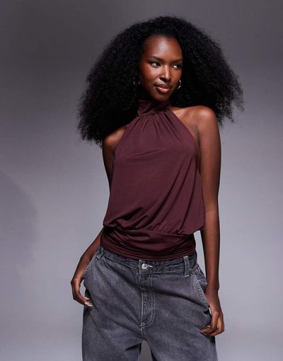 ASOS DESIGN ASOS DESIGN bubble hem halter top with cinched band hem in burgundy-Red