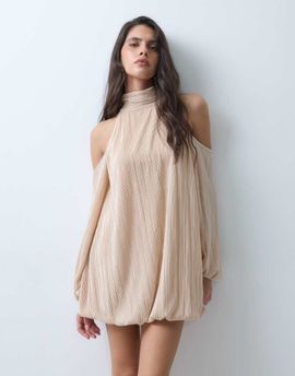 ASOS DESIGN ASOS DESIGN bubble plisse mini dress with high neck in champagne-GOLD