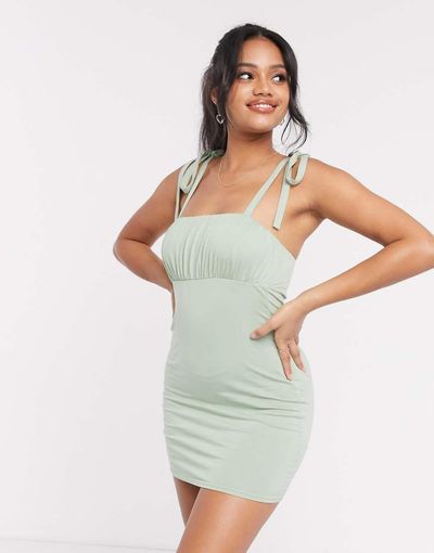 ASOS DESIGN ASOS DESIGN bunny tie strap with ruched bust mini dress in misty green