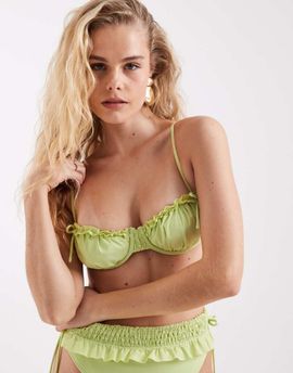 ASOS DESIGN ASOS DESIGN Butter ruched underwire bikini top with frill detail in apple-Green