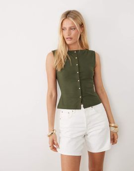 ASOS DESIGN ASOS DESIGN button up boat neck tank in khaki-Yellow
