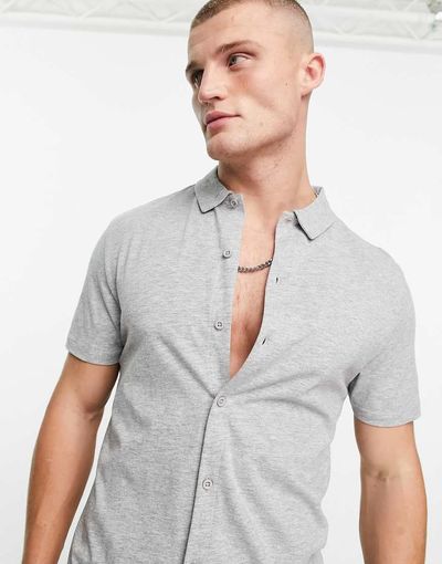 ASOS DESIGN ASOS DESIGN button up jersey shirt in gray heather