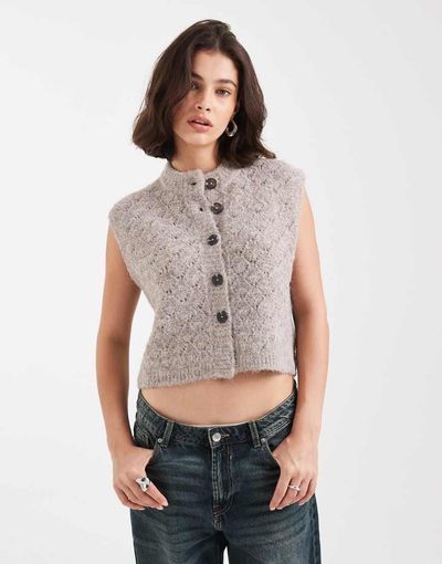 ASOS DESIGN ASOS DESIGN button up stitch textured vest in mushroom-Neutral