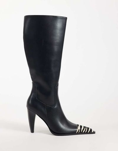 ASOS DESIGN ASOS DESIGN Cairo toe cap western knee boots in black and zebra print