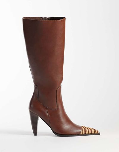 ASOS DESIGN ASOS DESIGN Cairo toe cap western knee boots in choc and tiger print-Brown