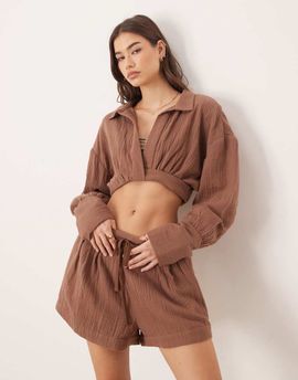 ASOS DESIGN ASOS DESIGN Callie cheesecloth wrap front beach shirt in mocha - part of a set-Brown
