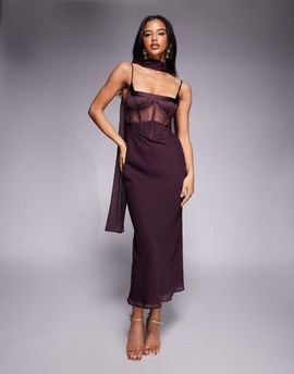 ASOS DESIGN ASOS DESIGN cami satin and lace slip midi dress with scarf detail in mulberry-Red