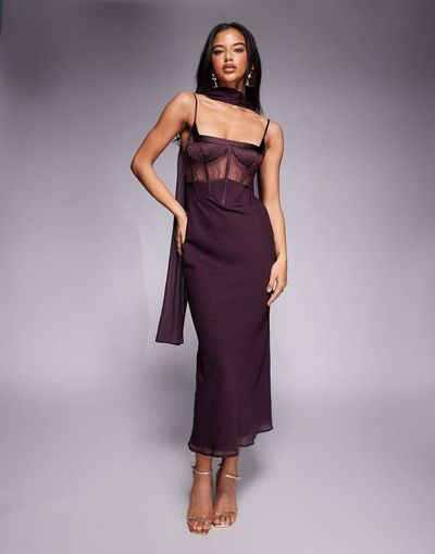 ASOS DESIGN ASOS DESIGN cami satin and lace slip midi dress with scarf detail in mulberry-Red