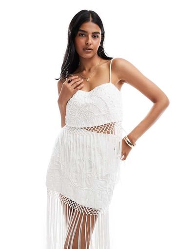 ASOS DESIGN ASOS DESIGN cami top with chain-stitch embroidery and fringe detailing - part of a set-White