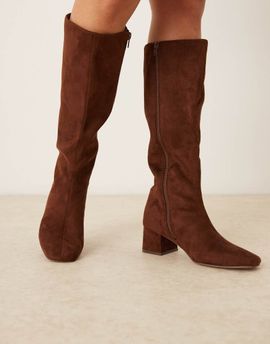 ASOS DESIGN ASOS DESIGN Canary block heeled knee boots in chocolate suedette-Brown