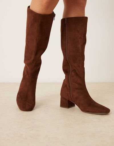 ASOS DESIGN ASOS DESIGN Canary block heeled knee boots in chocolate suedette-Brown