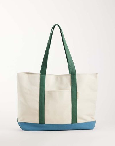 ASOS DESIGN ASOS DESIGN canvas color block tote bag in ecru-White