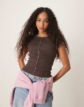 ASOS DESIGN ASOS DESIGN cap sleeve baby tee with pink seam detail in chocolate-Brown