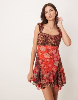 ASOS DESIGN ASOS DESIGN cap sleeve contrast ribbon ruffle hem mini dress in animal floral print-Multi